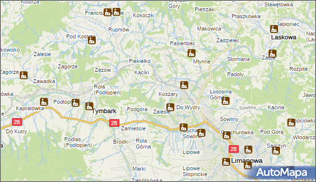 mapa Koszary gmina Limanowa, Koszary gmina Limanowa na mapie Targeo