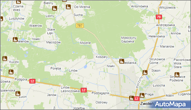 mapa Koszary gmina Zwoleń, Koszary gmina Zwoleń na mapie Targeo