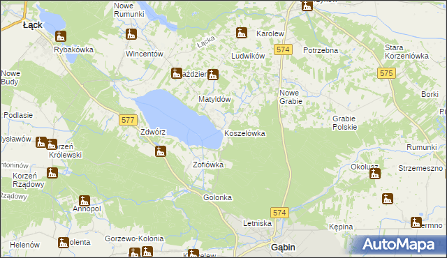 mapa Koszelówka gmina Łąck, Koszelówka gmina Łąck na mapie Targeo