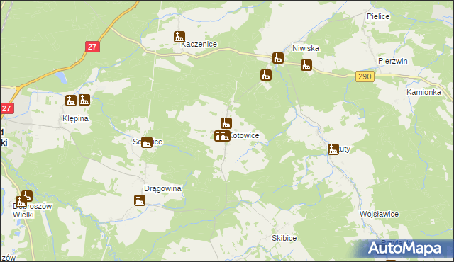 mapa Kotowice gmina Nowogród Bobrzański, Kotowice gmina Nowogród Bobrzański na mapie Targeo