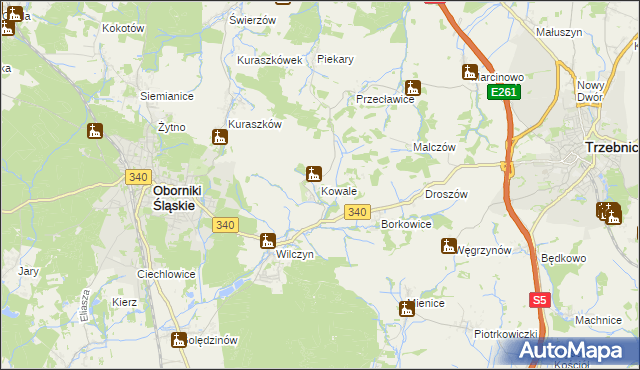 mapa Kowale gmina Oborniki Śląskie, Kowale gmina Oborniki Śląskie na mapie Targeo