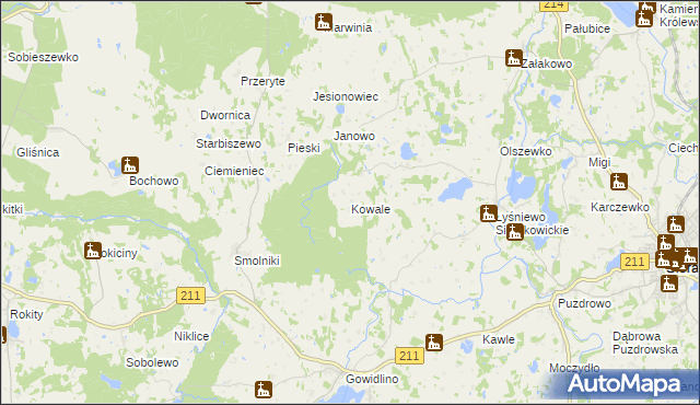 mapa Kowale gmina Sierakowice, Kowale gmina Sierakowice na mapie Targeo