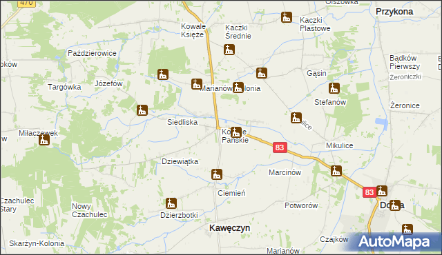 mapa Kowale Pańskie, Kowale Pańskie na mapie Targeo