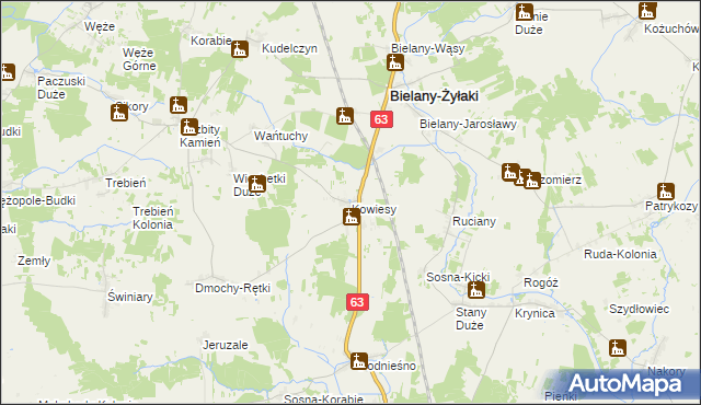 mapa Kowiesy gmina Bielany, Kowiesy gmina Bielany na mapie Targeo