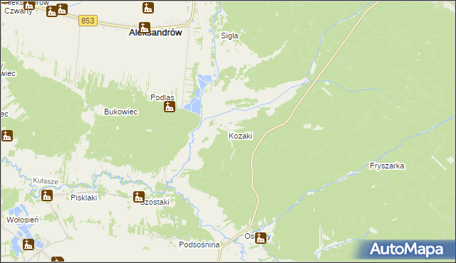 mapa Kozaki gmina Łukowa, Kozaki gmina Łukowa na mapie Targeo