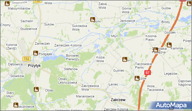 mapa Kozia Wola gmina Zakrzew, Kozia Wola gmina Zakrzew na mapie Targeo