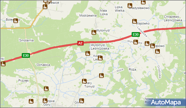 mapa Kozie Laski gmina Nowy Tomyśl, Kozie Laski gmina Nowy Tomyśl na mapie Targeo