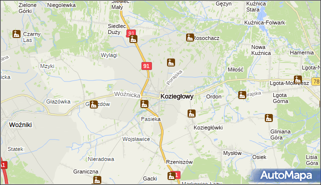 mapa Koziegłowy powiat myszkowski, Koziegłowy powiat myszkowski na mapie Targeo