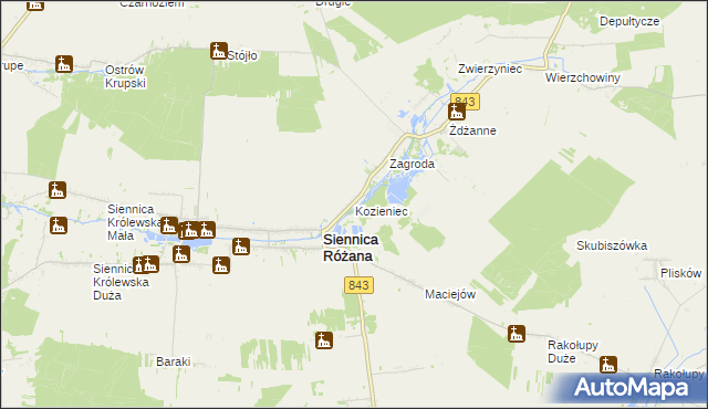 mapa Kozieniec gmina Siennica Różana, Kozieniec gmina Siennica Różana na mapie Targeo