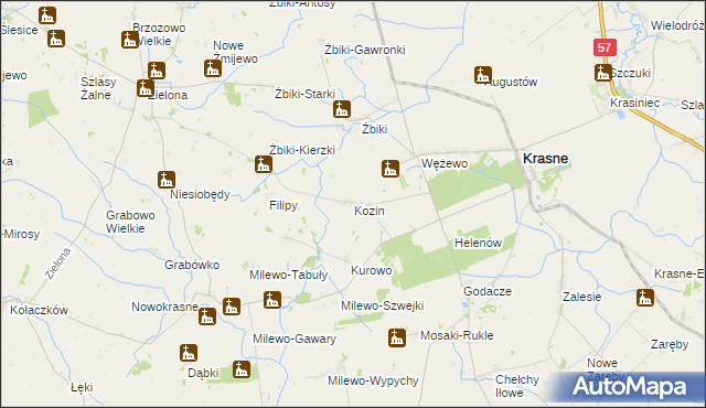 mapa Kozin gmina Krasne, Kozin gmina Krasne na mapie Targeo