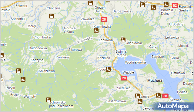 mapa Koziniec gmina Mucharz, Koziniec gmina Mucharz na mapie Targeo