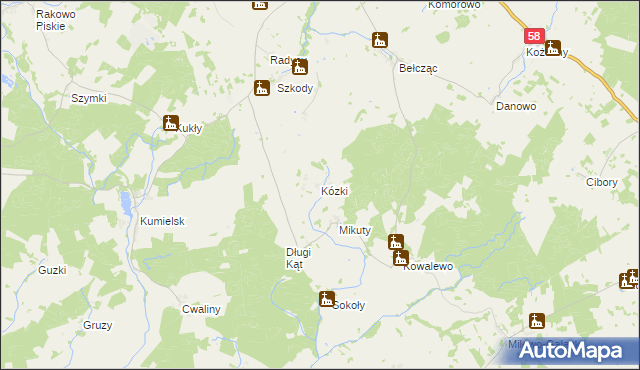 mapa Kózki gmina Biała Piska, Kózki gmina Biała Piska na mapie Targeo