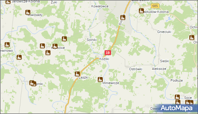 mapa Koźliki gmina Zabłudów, Koźliki gmina Zabłudów na mapie Targeo