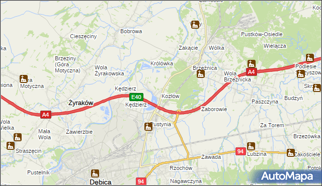 mapa Kozłów gmina Dębica, Kozłów gmina Dębica na mapie Targeo