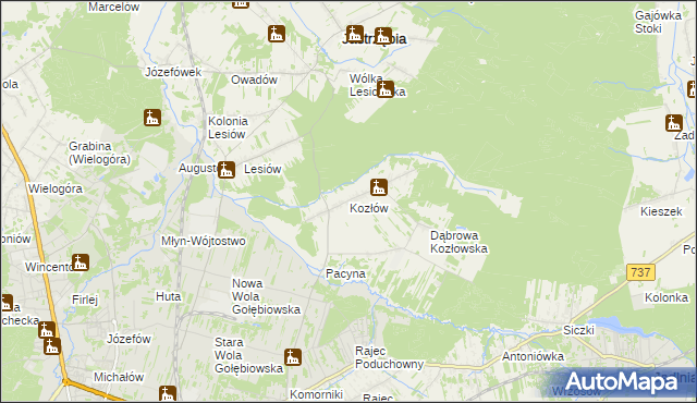 mapa Kozłów gmina Jastrzębia, Kozłów gmina Jastrzębia na mapie Targeo