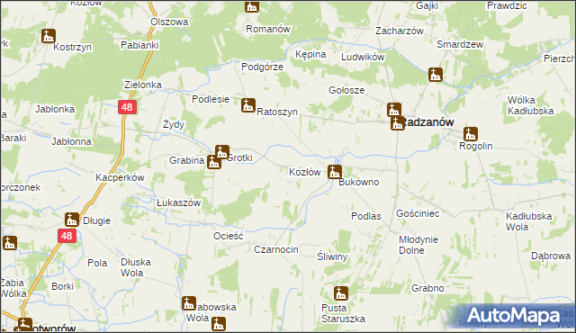 mapa Kozłów gmina Radzanów, Kozłów gmina Radzanów na mapie Targeo