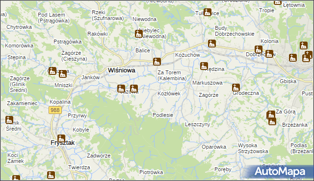 mapa Kozłówek gmina Wiśniowa, Kozłówek gmina Wiśniowa na mapie Targeo