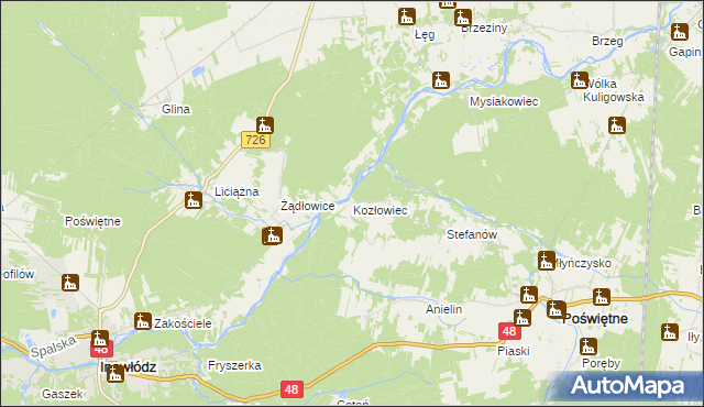 mapa Kozłowiec gmina Poświętne, Kozłowiec gmina Poświętne na mapie Targeo