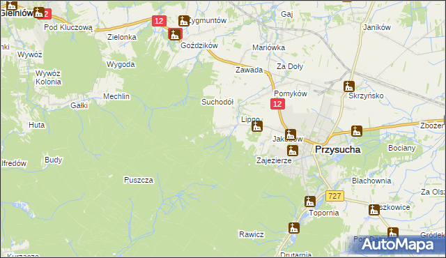 mapa Kozłowiec gmina Przysucha, Kozłowiec gmina Przysucha na mapie Targeo