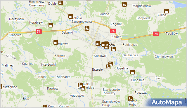 mapa Kozłówki gmina Szczerców, Kozłówki gmina Szczerców na mapie Targeo