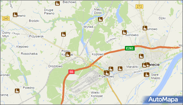 mapa Kozłowo gmina Świecie, Kozłowo gmina Świecie na mapie Targeo