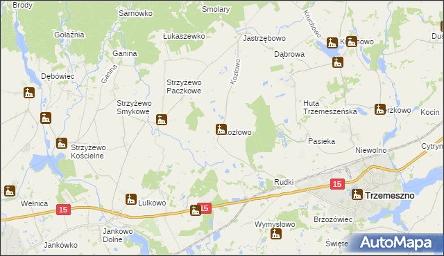 mapa Kozłowo gmina Trzemeszno, Kozłowo gmina Trzemeszno na mapie Targeo