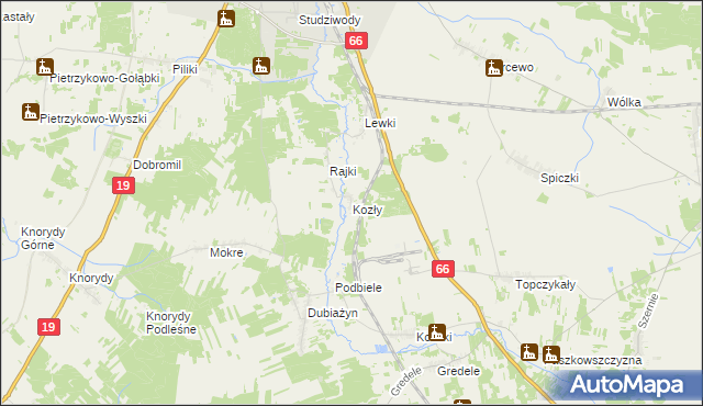 mapa Kozły gmina Bielsk Podlaski, Kozły gmina Bielsk Podlaski na mapie Targeo