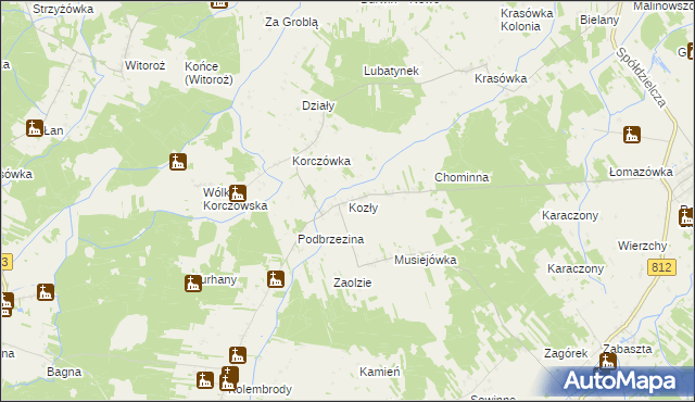 mapa Kozły gmina Łomazy, Kozły gmina Łomazy na mapie Targeo