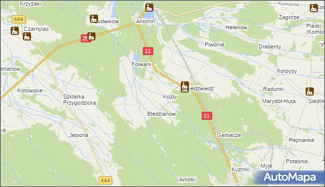 mapa Kozły gmina Ostrzeszów, Kozły gmina Ostrzeszów na mapie Targeo