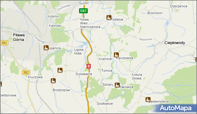 mapa Koźmice, Koźmice na mapie Targeo