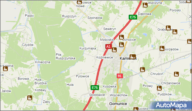 mapa Koźniewice, Koźniewice na mapie Targeo