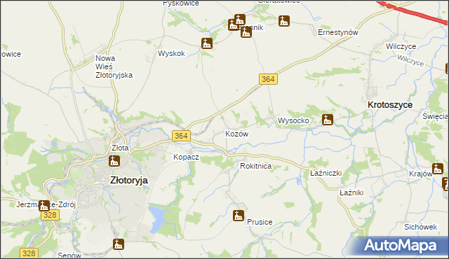 mapa Kozów gmina Złotoryja, Kozów gmina Złotoryja na mapie Targeo