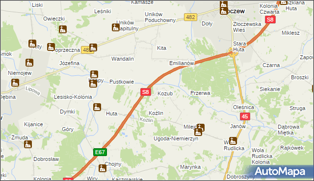 mapa Kozub, Kozub na mapie Targeo