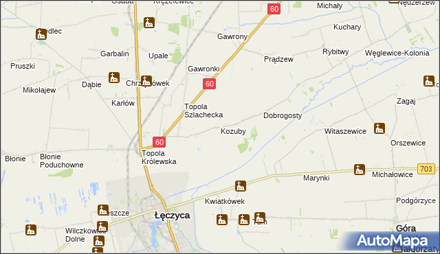 mapa Kozuby gmina Łęczyca, Kozuby gmina Łęczyca na mapie Targeo
