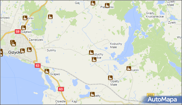 mapa Kożuchy Wielkie, Kożuchy Wielkie na mapie Targeo