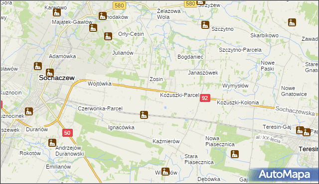 mapa Kożuszki-Parcel, Kożuszki-Parcel na mapie Targeo