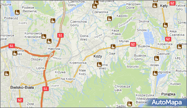 mapa Kozy powiat bielski, Kozy powiat bielski na mapie Targeo