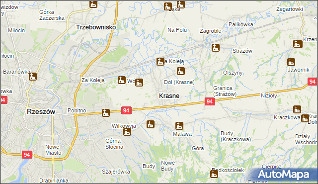 mapa Krasne powiat rzeszowski, Krasne powiat rzeszowski na mapie Targeo