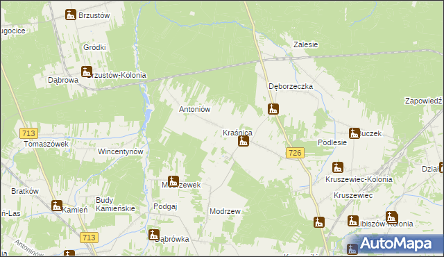 mapa Kraśnica gmina Opoczno, Kraśnica gmina Opoczno na mapie Targeo