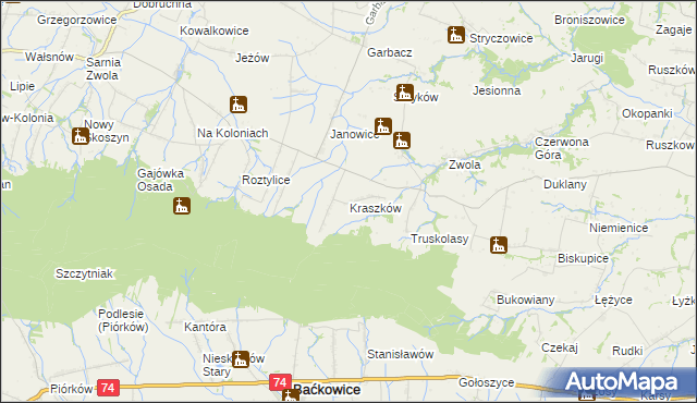 mapa Kraszków gmina Waśniów, Kraszków gmina Waśniów na mapie Targeo