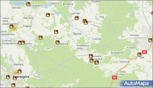 mapa Królewska Wola gmina Międzybórz, Królewska Wola gmina Międzybórz na mapie Targeo