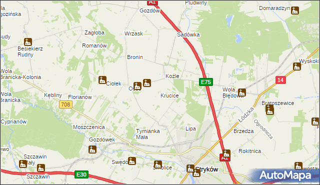 mapa Krucice gmina Stryków, Krucice gmina Stryków na mapie Targeo