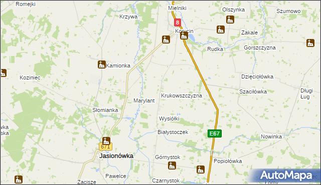 mapa Krukowszczyzna gmina Korycin, Krukowszczyzna gmina Korycin na mapie Targeo