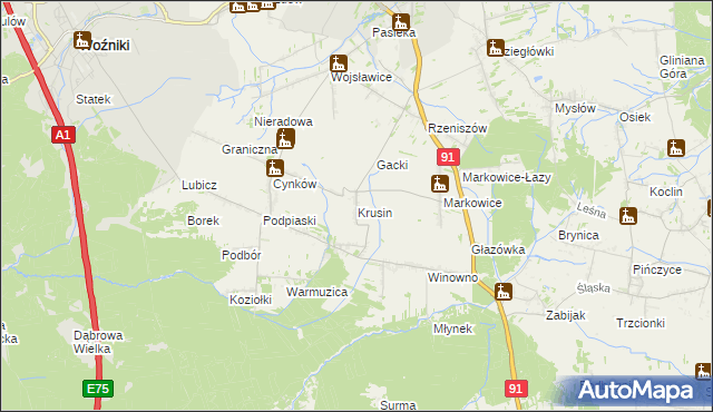 mapa Krusin gmina Koziegłowy, Krusin gmina Koziegłowy na mapie Targeo