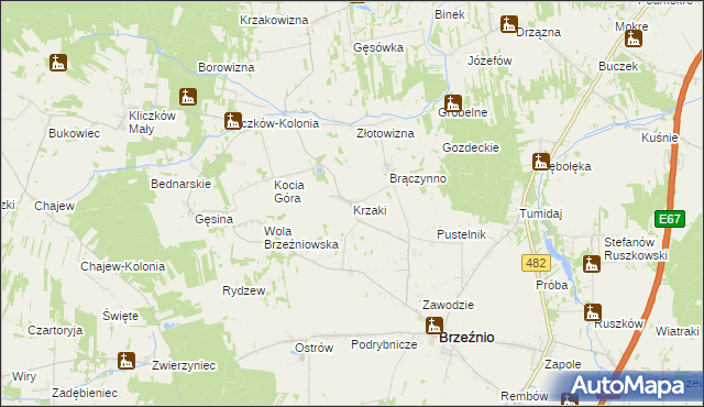 mapa Krzaki gmina Brzeźnio, Krzaki gmina Brzeźnio na mapie Targeo