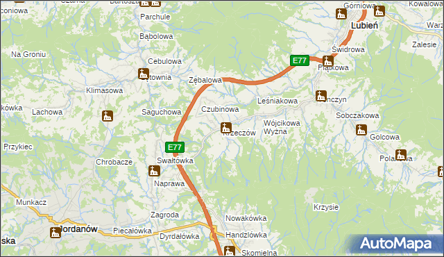 mapa Krzeczów gmina Lubień, Krzeczów gmina Lubień na mapie Targeo