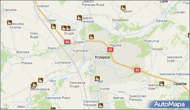 mapa Krzepice powiat kłobucki, Krzepice powiat kłobucki na mapie Targeo