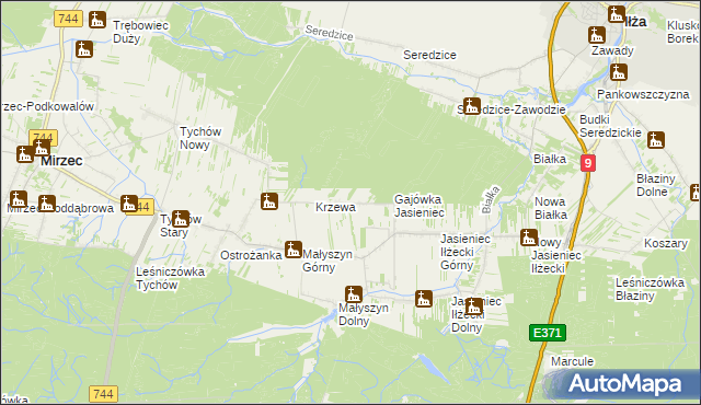 mapa Krzewa gmina Mirzec, Krzewa gmina Mirzec na mapie Targeo