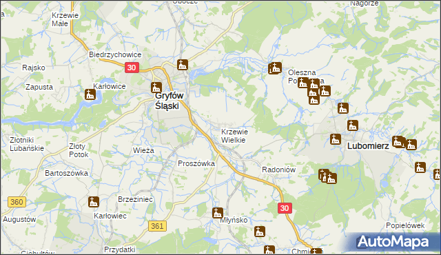 mapa Krzewie Wielkie, Krzewie Wielkie na mapie Targeo