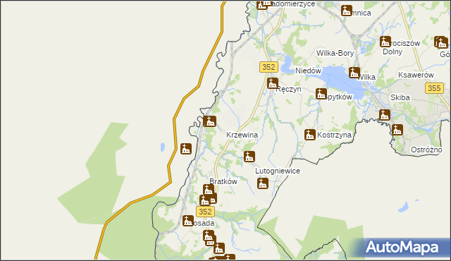 mapa Krzewina gmina Bogatynia, Krzewina gmina Bogatynia na mapie Targeo